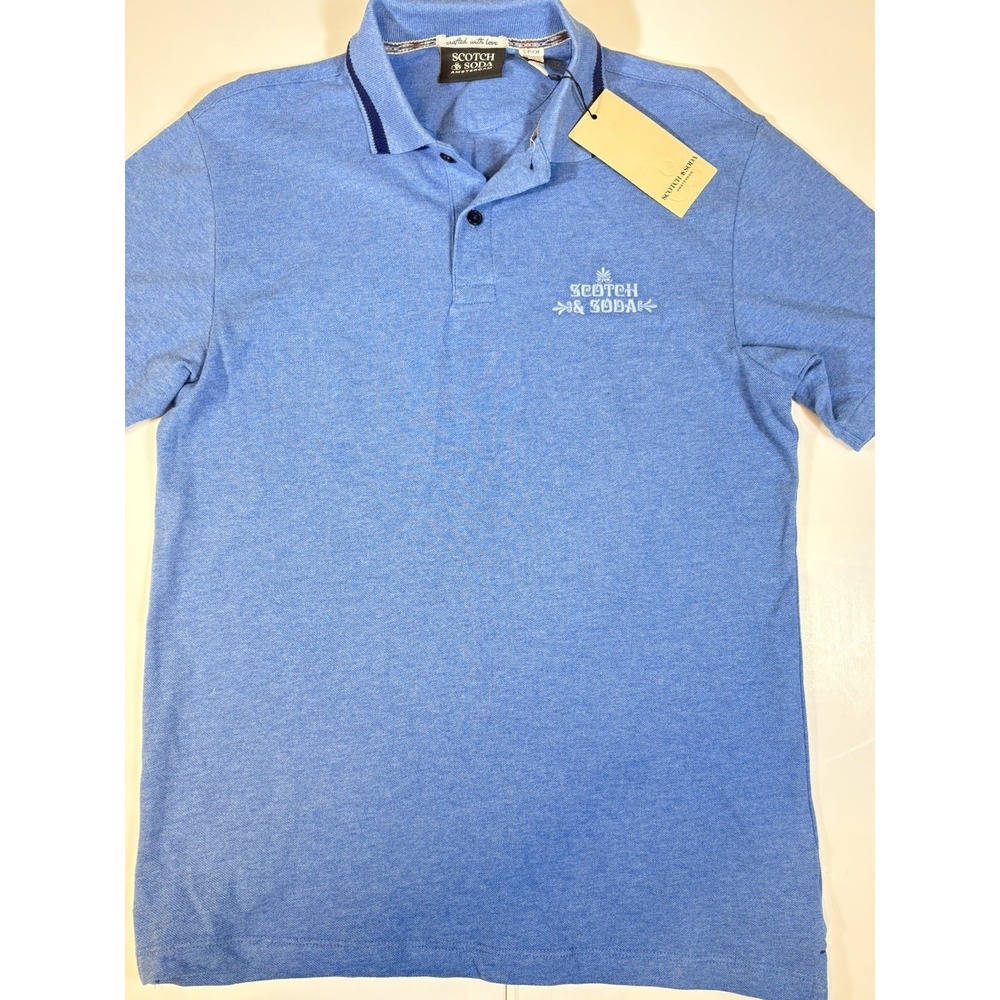 NWT -Scotch & Soda Men's Blue Solid Polo Shirt S Short Sleeve Spread Collar Knit